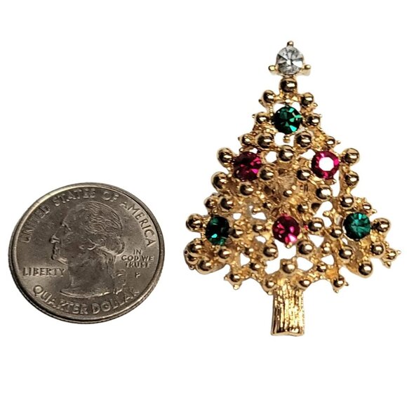 Gold Tone Red Green Rhinestone Christmas Tree Lapel Pin - Picture 2 of 6